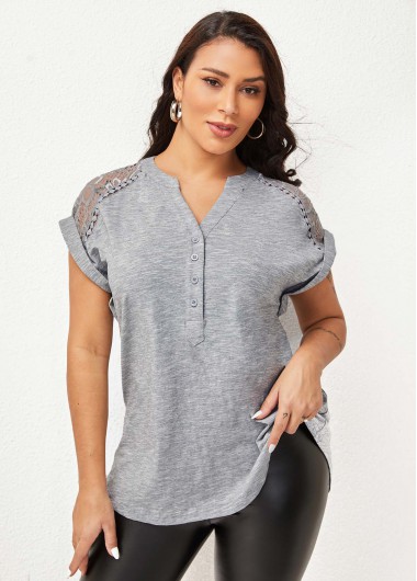 Rosewe Button Detail Split Neck Lace Stitching Blouse - XXL