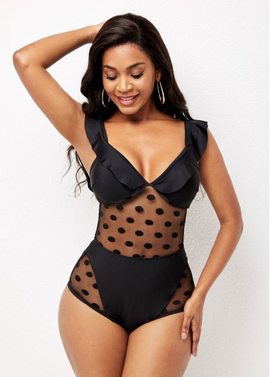 Rosewe Stringy Selvedge Mesh Stitching Polka Dot One Piece Swimwear - XL