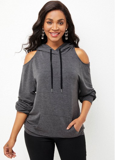 Rosewe Drawstring Detail Cold Shoulder Long Sleeve Hoodie - M