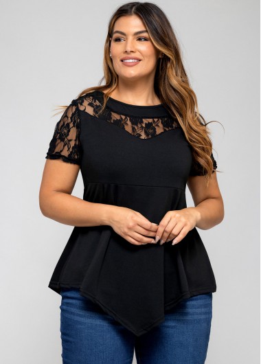 Rosewe Lace Stitching Asymmetric Hem Plus Size T Shirt - L