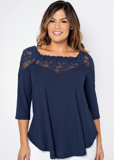 Rosewe Lace Stitching Square Collar Plus Size T Shirt - 1X
