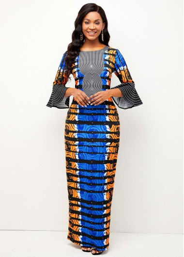 Rosewe Cocktail Party Dress Back Slit Tribal Print Round Neck Dress - L