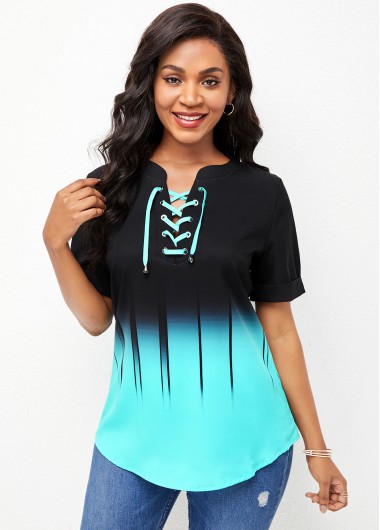 Rosewe Short Sleeve Lace Up Ombre Blouse - S