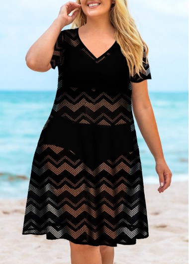 Rosewe V Neck Plus Size Mesh Stitching Cover Up - 1X