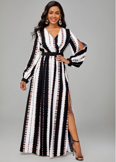 Rosewe Cocktail Party Dress Striped Side Slit Long Sleeve V Neck Dress - S