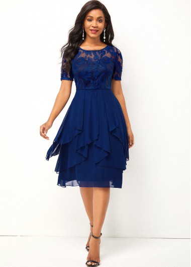 Rosewe Wedding Guest Dress Round Neck Chiffon and Lace Stitching Asymmetric Hem Dress - L