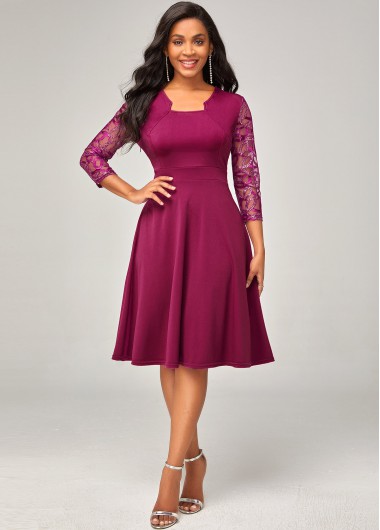 Rosewe Cocktail Party Dress Solid Lace Stitching 3/4 Sleeve Dress - XL