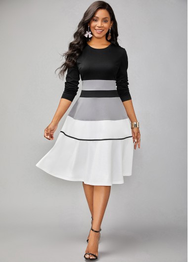 Rosewe Cocktail Party Dress Long Sleeve Contrast Round Neck Striped Dress - XL