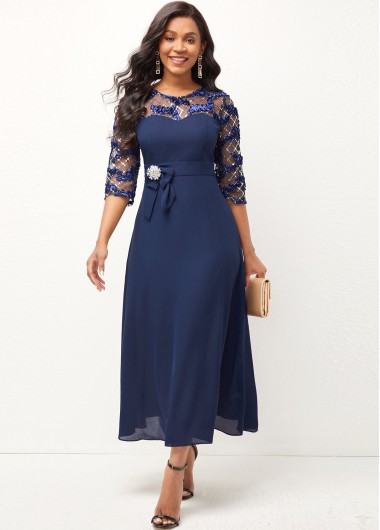 Rosewe Wedding Guest Dress Round Neck Lace Stitching Shining 3/4 Sleeve Dress - XXL