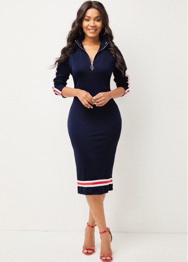Rosewe Cocktail Party Dress Long Sleeve Quarter Zip Striped Dress - M