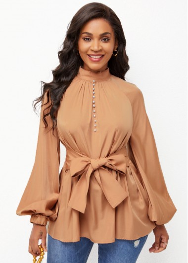 Rosewe Tie Front Mock Neck Decorative Button Blouse - XXL