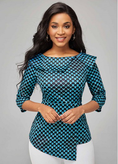 Rosewe Geometric Print Asymmetric Hem Boat Neck Blouse - XXL