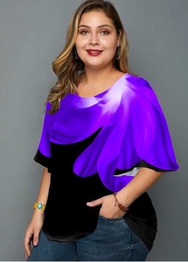 Rosewe Round Neck Plus Size Floral Print T Shirt - 2X