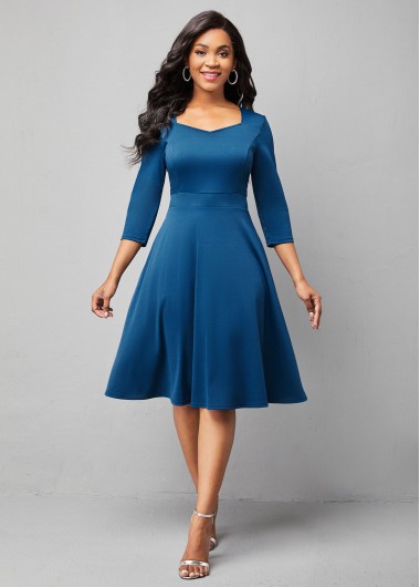 Rosewe Cocktail Party Dress 3/4 Sleeve Sweetheart Neckline Solid Dress - XL
