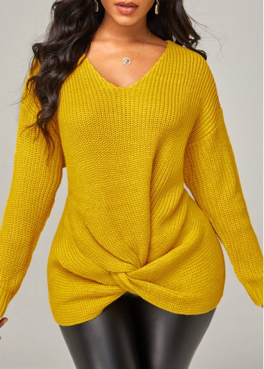 Rosewe Trendy Twist Hem Solid Long Sleeve V Neck Sweater - L