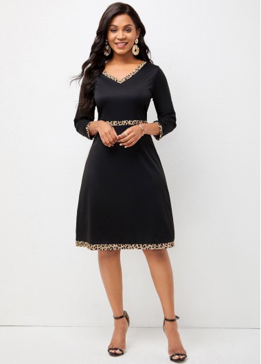 Rosewe Cocktail Party Dress V Neck Leopard 3/4 Sleeve Dress - XL