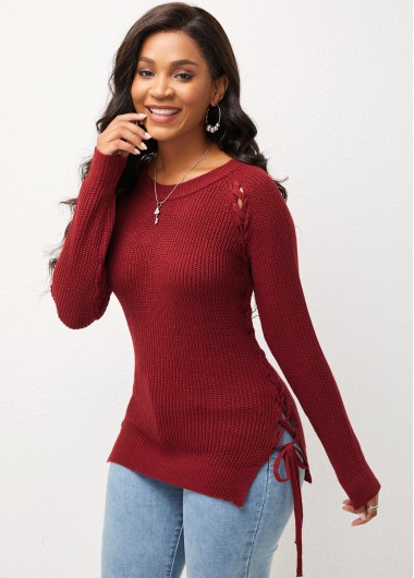 Rosewe Trendy Wine Red Lace Up Long Sleeve Round Neck Sweater - L