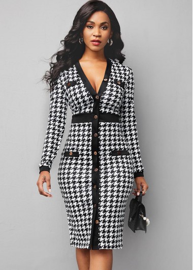 Rosewe Cocktail Party Dress Houndstooth Print Long Sleeve V Neck Dress - M