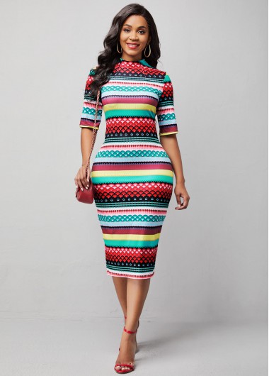 Rosewe Cocktail Party Dress Mock Neck Tribal Print Half Sleeve Bodycon Dress - XL