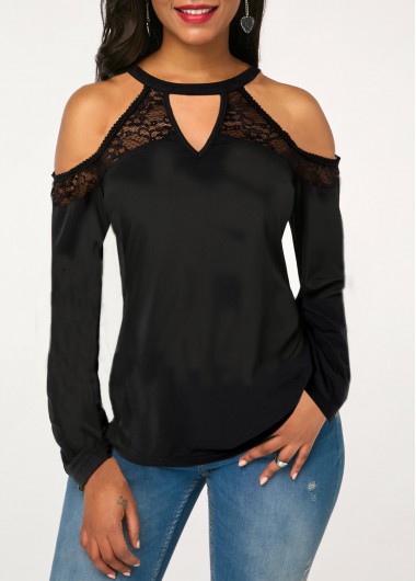 Rosewe Long Sleeve Lace Stitching Cold Shoulder T Shirt - XXL
