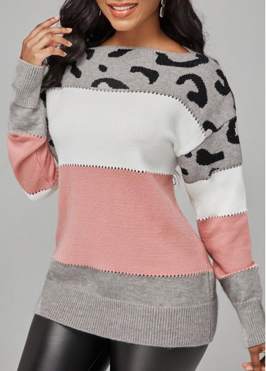Rosewe Trendy Color Block Leopard Long Sleeve Sweater - 3XL