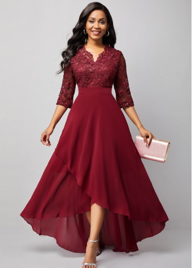 Rosewe Cocktail Party Dress Lace Stitching Solid Asymmetric Hem Dress - L