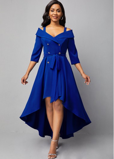 Rosewe Wedding Guest Dress Dip Hem Cold Shoulder Double Breasted Dress - M