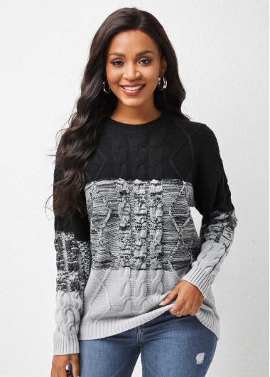 Rosewe Trendy Patchwork Twist Long Sleeve Round Neck Sweater - S