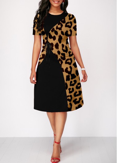 Rosewe Cocktail Party Dress Short Sleeve Leopard Round Neck Dress - S