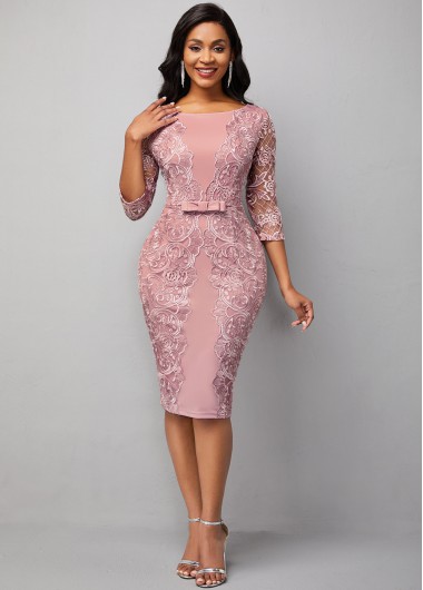 Rosewe Wedding Guest Dress Lace Panel 3/4 Sleeve Round Neck Solid Dress - S