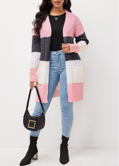 Rosewe Long Sleeve Open Front Contrast Pocket Cardigan - S