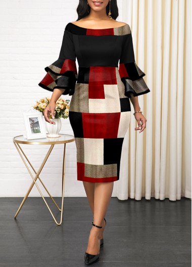 Rosewe Red Dresses Layered Bell Sleeve Geometric Print Boat Neck Dress - S