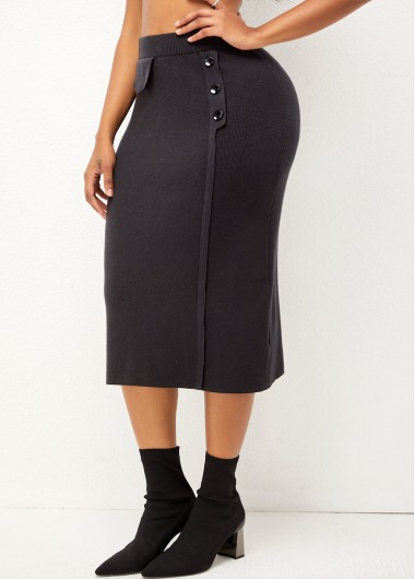 Rosewe Solid Decorative Button High Waist Skirt - S