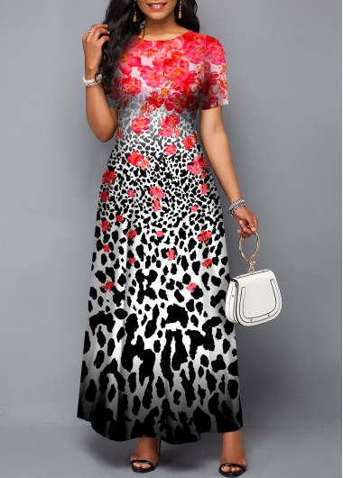 Rosewe Cocktail Party Dress Short Sleeve Leopard Floral Print Ombre Dress - S