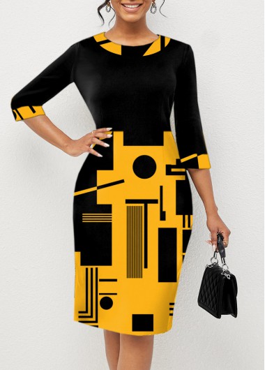 Rosewe Cocktail Party Dress 3/4 Sleeve Round Neck Geometric Print Dress - M