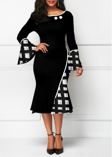 Rosewe Black Dresses Boat Neck Flare Sleeve Plaid Dress - L