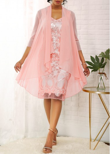 Women&apos;S Light Pink Cocktail Party Dress And Chiffon Cardigan V Neck Flowy Sleeveless Shiny Lace Flowy Sheath Knee Length Dress By Rosewe - M