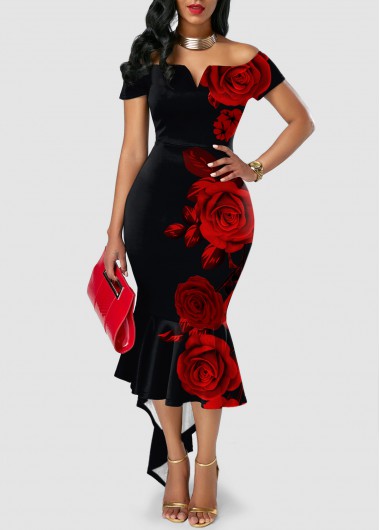 Rosewe Black Dresses Floral Print Asymmetric Hem Sweetheart Neckline Dress - XL