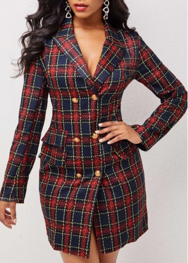 Rosewe Cocktail Party Dress Plaid Decorative Button Long Sleeve Turndown Collar Dress - 2XL
