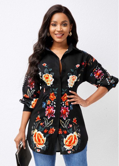 Rosewe Turndown Collar Floral Print Lantern Sleeve Blouse - XL