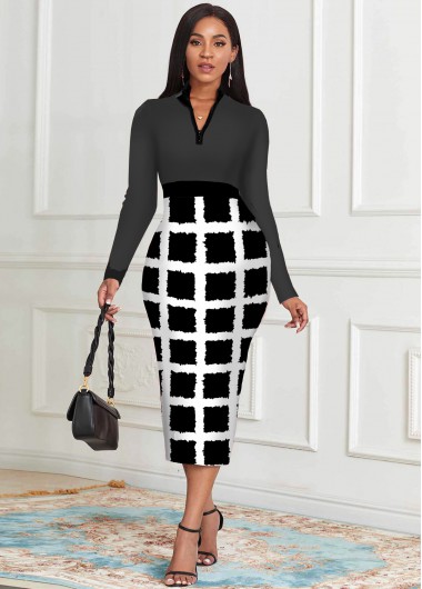 Rosewe Black Dresses Zipper Detail Checkered Long Sleeve Dress - XL