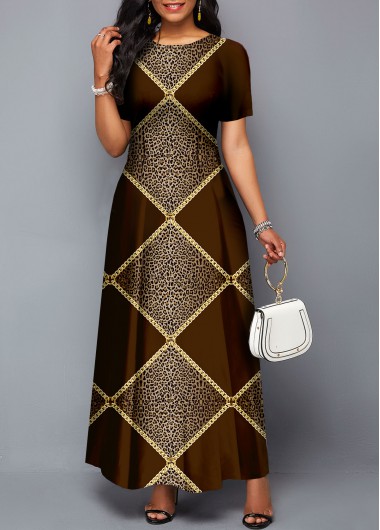 Rosewe Cocktail Party Dress Short Sleeve Round Neck Leopard Dress - M