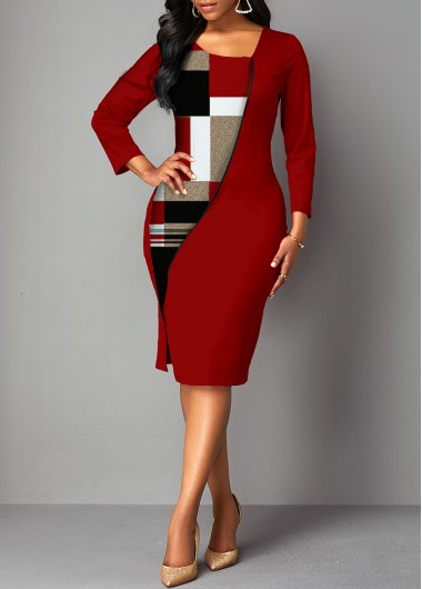 Rosewe Red Dresses Side Slit Plaid 3/4 Sleeve Bodycon Dress - XL