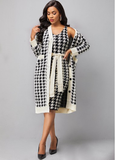 Rosewe Pocket Houndstooth Print Button Up Cardigan - S