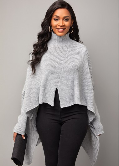 Rosewe Trendy Long Sleeve Cape Sleeve Solid Asymmetric Hem Sweater - S