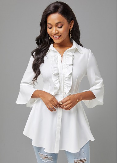 Rosewe Button Up Flare Sleeve Stringy Selvedge Blouse - XL