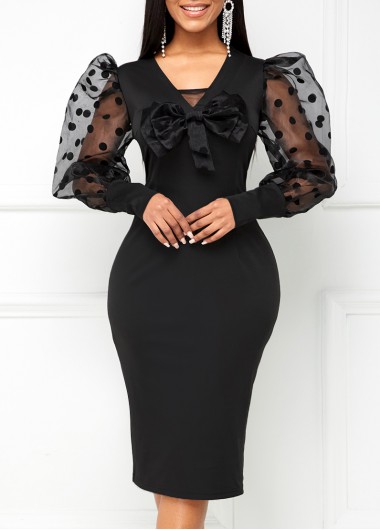 Rosewe Black Dresses Bowknot Mesh Stitching Puff Sleeve Dress - M