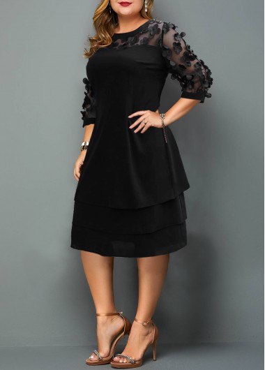 Rosewe Mesh Stitching Plus Size Layered Hem Dress - 2X