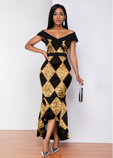 Rosewe Cocktail Party Dress Plaid Printing Off Shoulder Dip Hem Mermaid Dress - XL