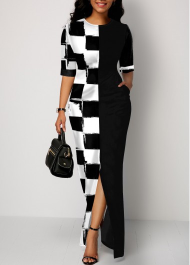 Rosewe Cocktail Party Dress Checkered Round Neck Half Sleeve Pocket Dress - S